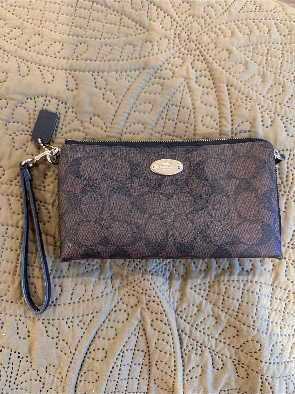 Coach Brown Signature Canvas Wristlet with Leather Strap